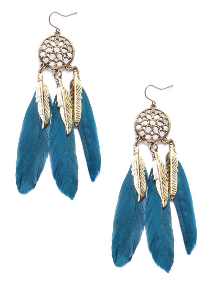 Romwe Blue Feather Drop Vintage Earrings