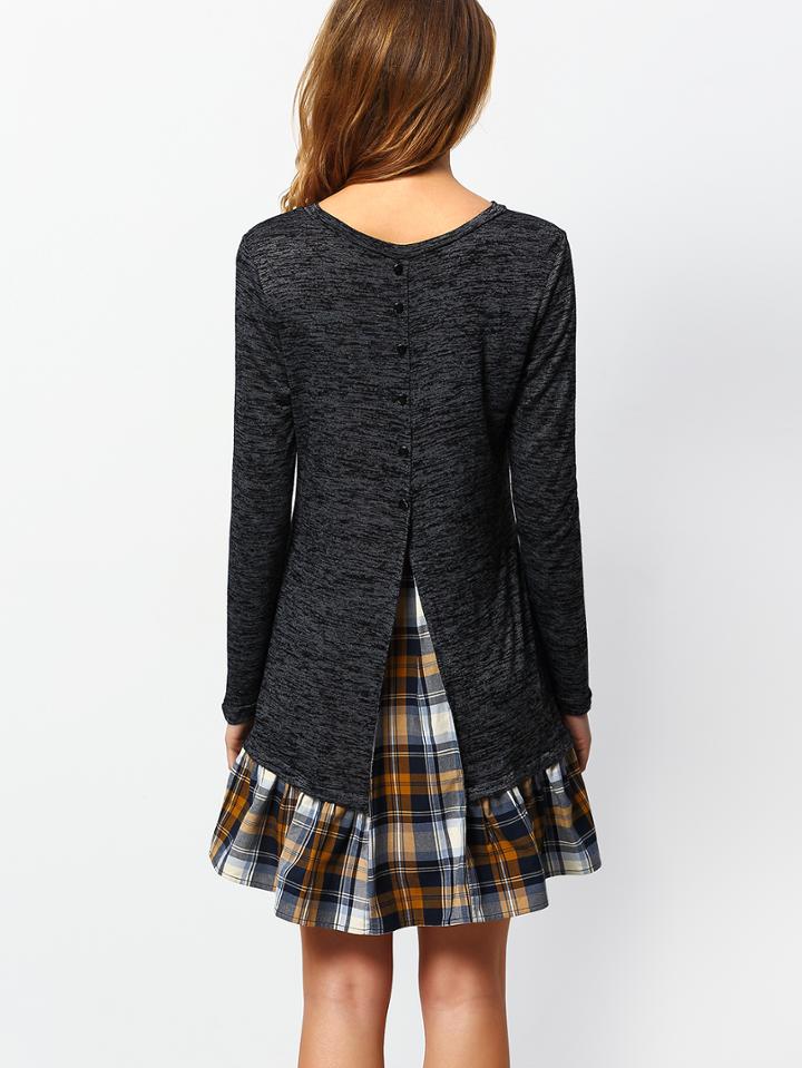 Romwe Grey Long Sleeve Contrast Plaid Dress