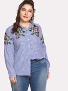 Romwe Embroidered High Low Striped Shirt
