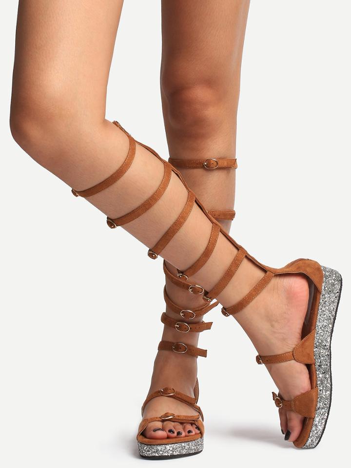 Romwe Khaki Peep Toe Strappy Zipper Glitter Sole Sandals