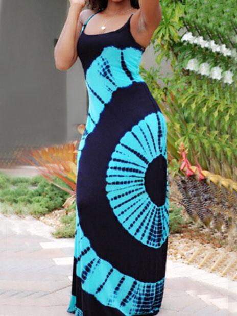 Romwe Spaghetti Strap Ring Print Maxi Blue Dress