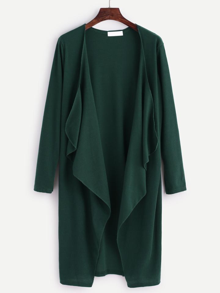 Romwe Dark Green Open Front Waterfall Collar Coat