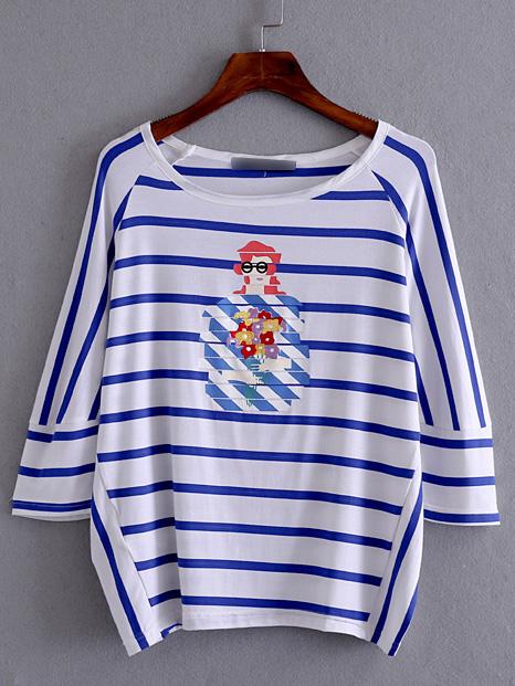 Romwe Blue And White Stripe Printed T-shirt