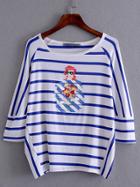 Romwe Blue And White Stripe Printed T-shirt