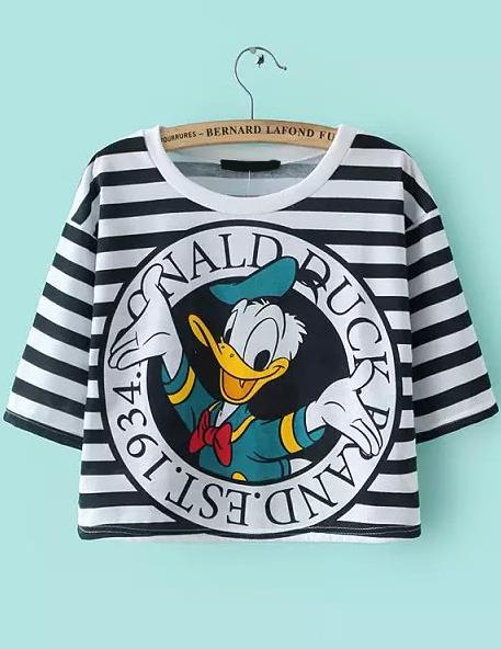 Romwe Striped Donald Duck Print Crop T-shirt