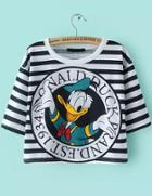 Romwe Striped Donald Duck Print Crop T-shirt