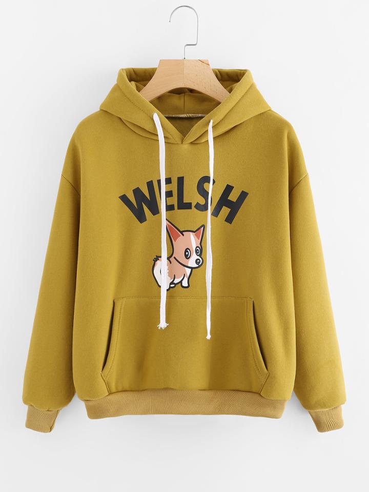 Romwe Puppy Print Drop Shoulder Kangaroo Pocket Sweatshirt
