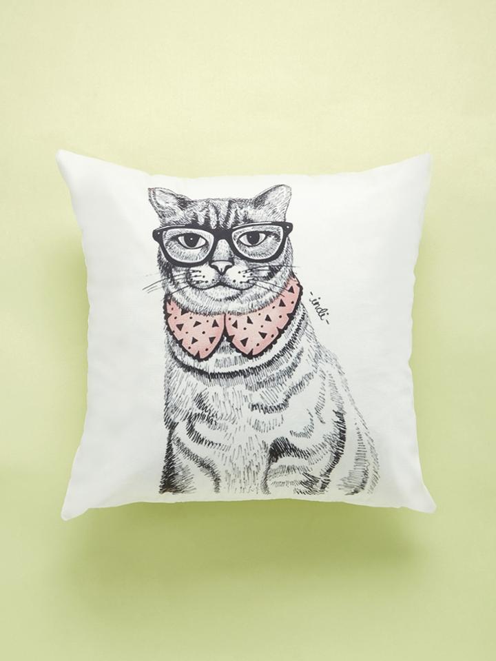 Romwe Cat With Glasses Print Cushion Cover