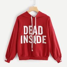 Romwe Drawstring Hooded Letter Print Sweatshirt
