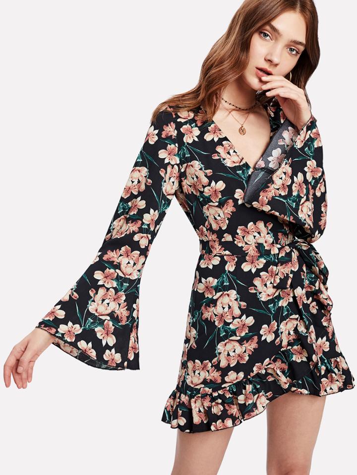 Romwe Trumpet Sleeve Ruffle Hem Surplice Dress