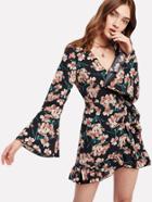 Romwe Trumpet Sleeve Ruffle Hem Surplice Dress