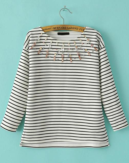 Romwe White Black Long Sleeve Striped Rhinestone Sweatshirt
