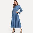 Romwe Knot Elastic Waist Denim Dress