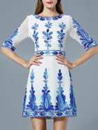 Romwe White Round Neck Half Sleeve Embroidered Dress