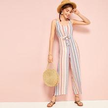 Romwe Colorful Striped Tie Front Cami Jumpsuit