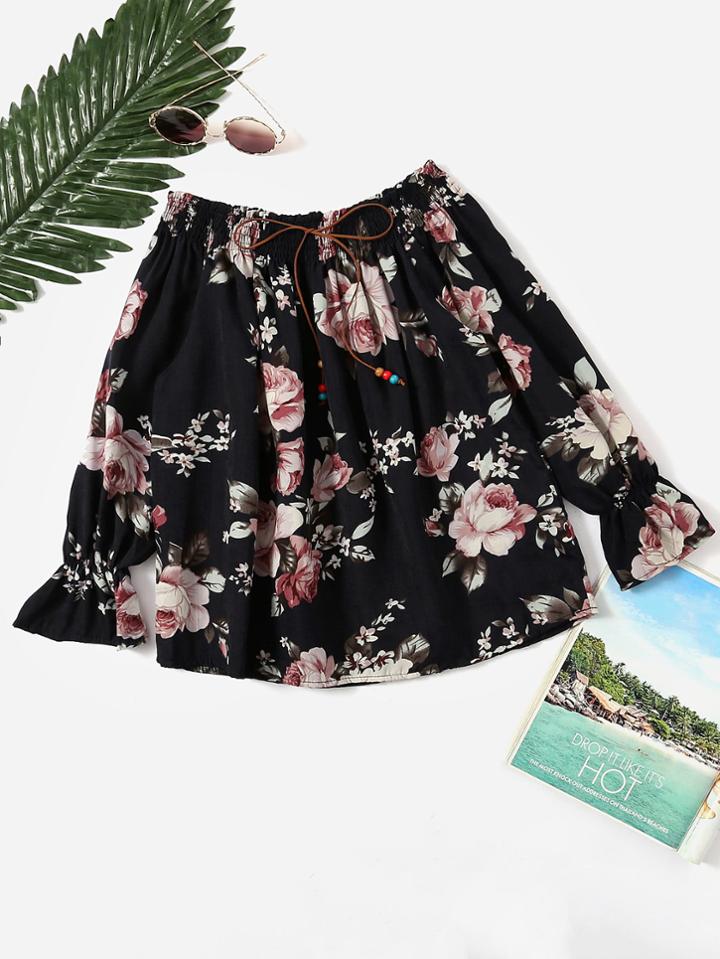 Romwe Floral Print Random Self Tie Neck Top