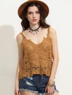 Romwe Brown Crochet Hollow Out Cami Top
