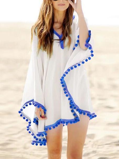 Romwe Pom Pom Trimmed Poncho Blouse