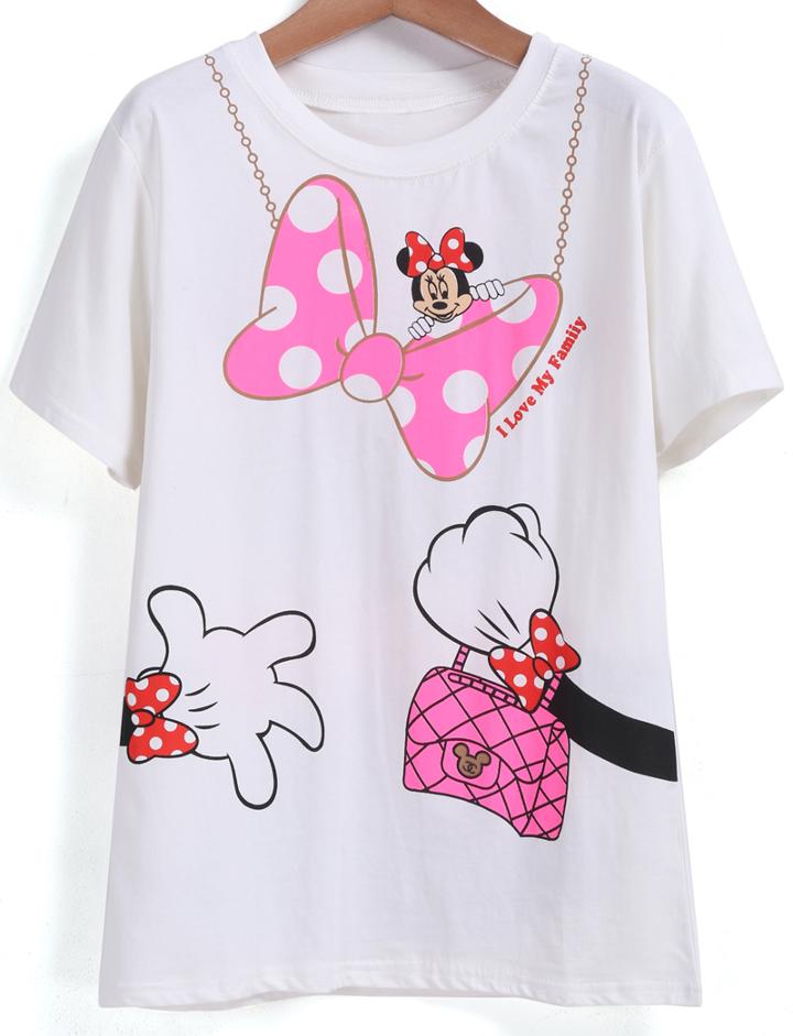 Romwe Bow Minnie Print Loose White T-shirt