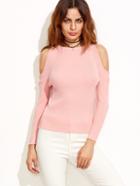 Romwe Pink Open Shoulder Ribbed Sweater