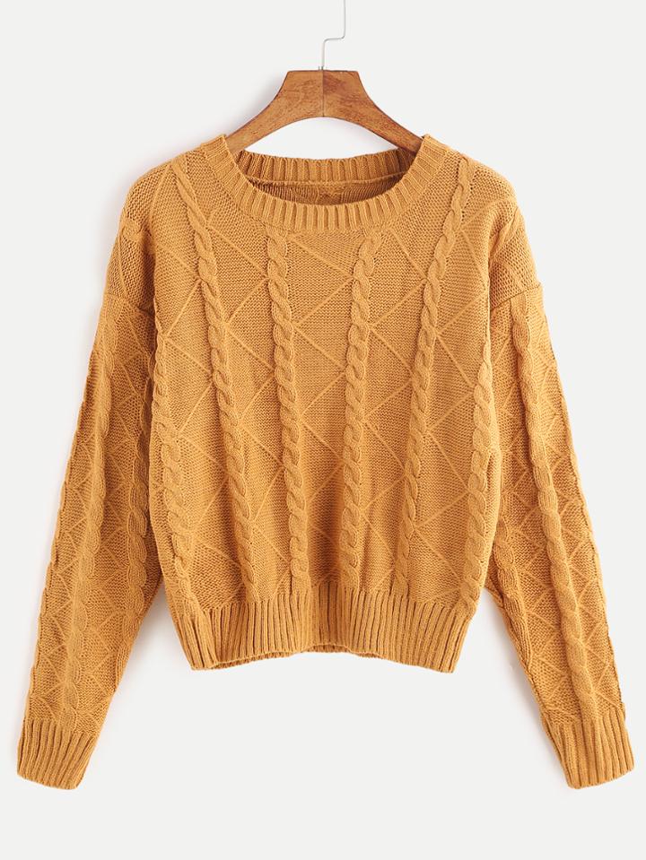 Romwe Khaki Dropped Shoulder Seam Cable Knit Sweater