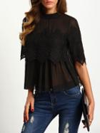 Romwe Black Crew Neck Lace Chiffon Blouse