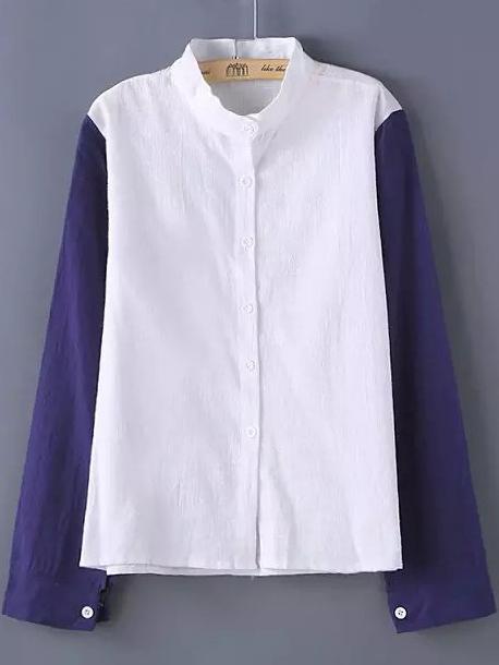 Romwe Contrast Sleeve Button-down Blue Blouse