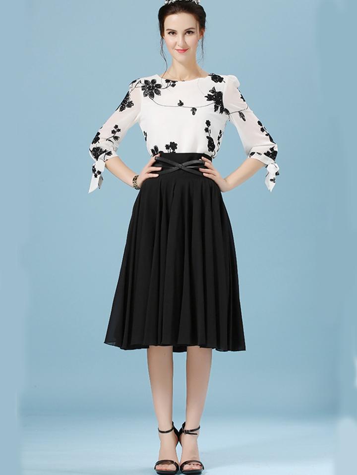 Romwe Bow Embroidered Chiffon Top With Belt Pleated Skirt