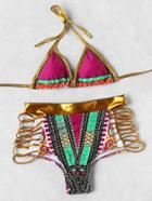 Romwe Mixed Print Ladder Cutout High Waist Bikini Set