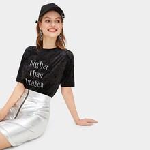 Romwe Letter Embroidered Velvet Tee