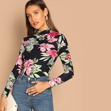 Romwe Mock-neck Flower Tee
