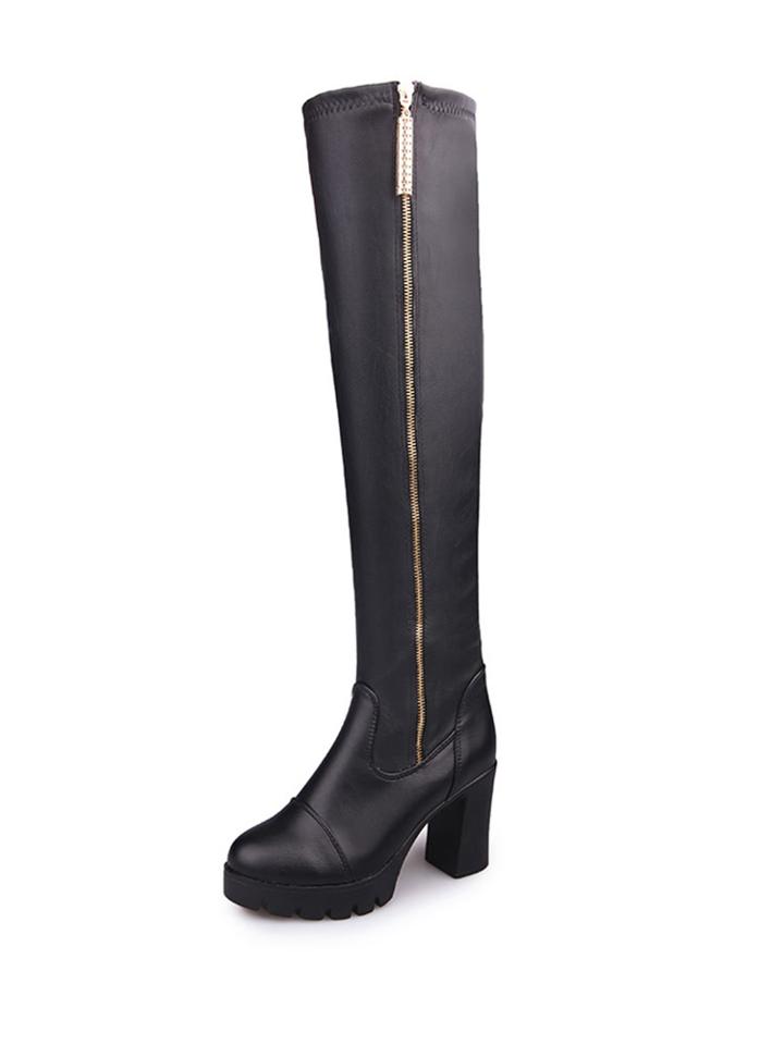 Romwe Side Zipper Knee High Block Heeled Boots