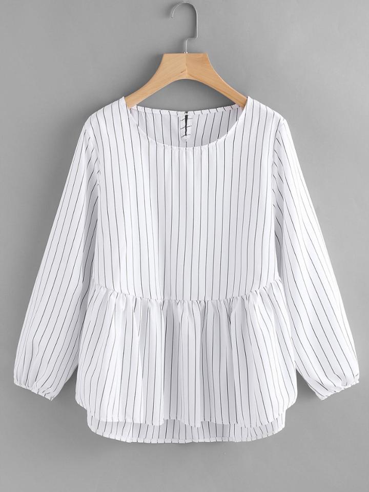 Romwe Frill Hem High Low Pinstriped Blouse