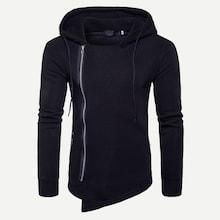 Romwe Men Zip Front Solid Hooded Sweatshirt
