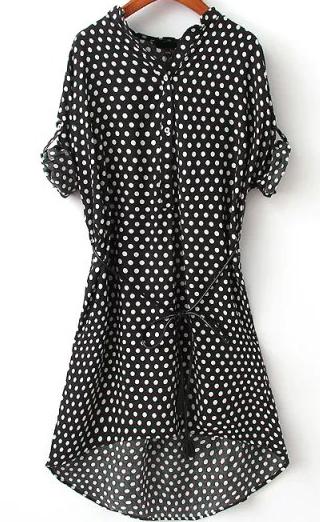 Romwe V Neck Dip Hem Polka Dot Blouse