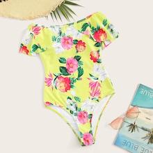 Romwe Floral Off The Shoulder One Piece Swimsuit