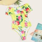 Romwe Floral Off The Shoulder One Piece Swimsuit