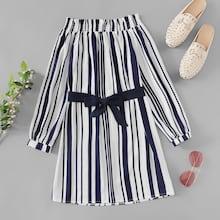 Romwe Off Shoulder Knot Detail Vertical Striped Dress
