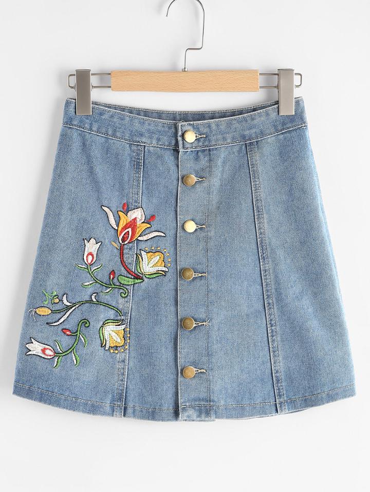 Romwe Embroidered Single Breasted A Line Skirt