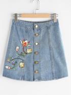 Romwe Embroidered Single Breasted A Line Skirt