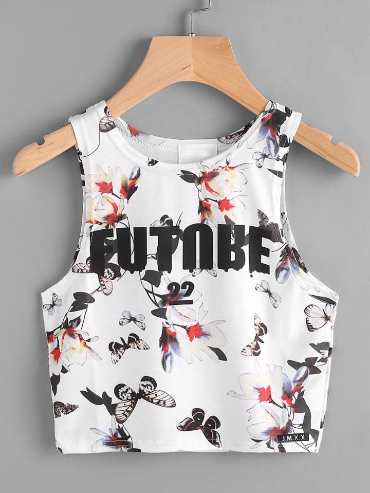 Romwe Letter And Floral Print Crop Tank Top