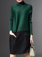 Romwe Green High Neck Color Block Pockets Dress