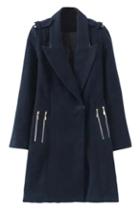 Romwe Lapel Zippered Slim Navy-blue Coat