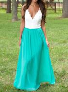 Romwe Deep V Neck Crochet Lace Backless Maxi Pale Blue Dress