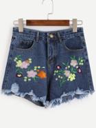 Romwe Blue Flower Embroidered Frayed Denim Shorts