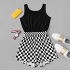 Romwe Elastic Waist Gingham Panel Romper