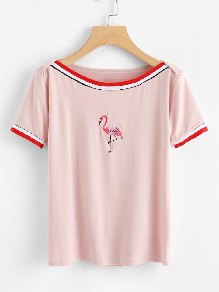 Romwe Flamingos Embroidered Striped Trim Tee
