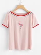 Romwe Flamingos Embroidered Striped Trim Tee
