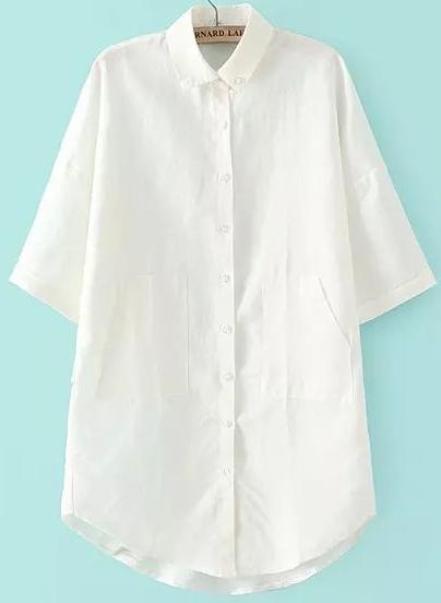 Romwe White Lapel Pockets Loose Dip Hem Blouse