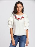 Romwe Embroidered Neck Layered Bell Sleeve Top